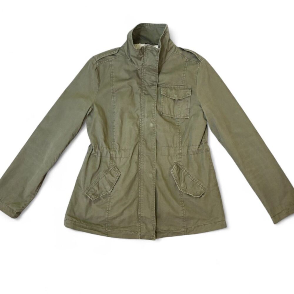 Oversized Olive Green Cotton Faux Sherpa Lined Utility Military Jacket - Size M